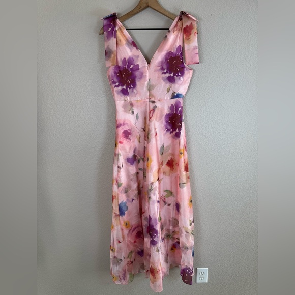 Maison Tara V Neck Pink Watercolor Floral Maxi Dress with Bow Straps size 6 $148 - Picture 12 of 16
